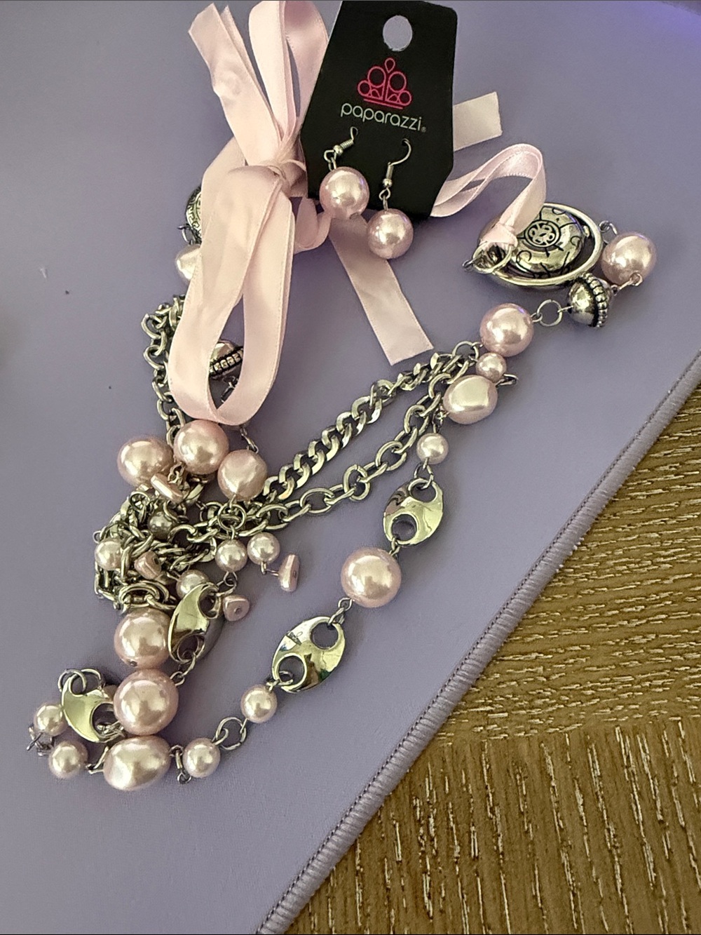paparazzi Light Pink Pearl Multi-Strand Ribbon Necklace with Earrings